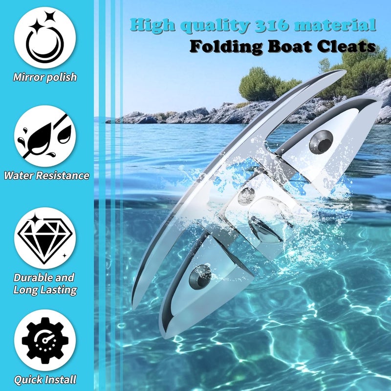 Pvrud Folding Boat Cleats 316 Stainless Steel - 5"/6" Marine Grade Flip-Up Dock Cleats with Backing Plates & Fasteners - Compatible with Yacht, Kayak, Pontoon - 2/4 Pack - Image 4